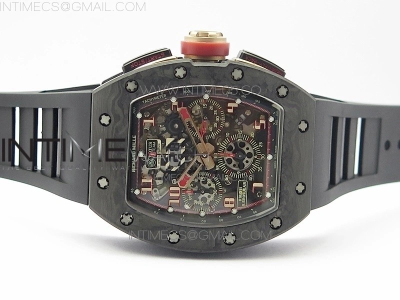 RM011 Carbon Case Carbon Bezel Chronograph KVF 1:1 Best Edition Skeleton Dial Red RG on Black Rubber Strap A7750