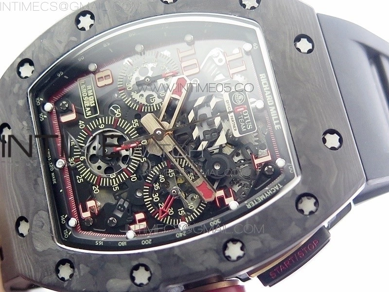 RM011 Carbon Case Carbon Bezel Chronograph KVF 1:1 Best Edition Skeleton Dial Red RG on Black Rubber Strap A7750