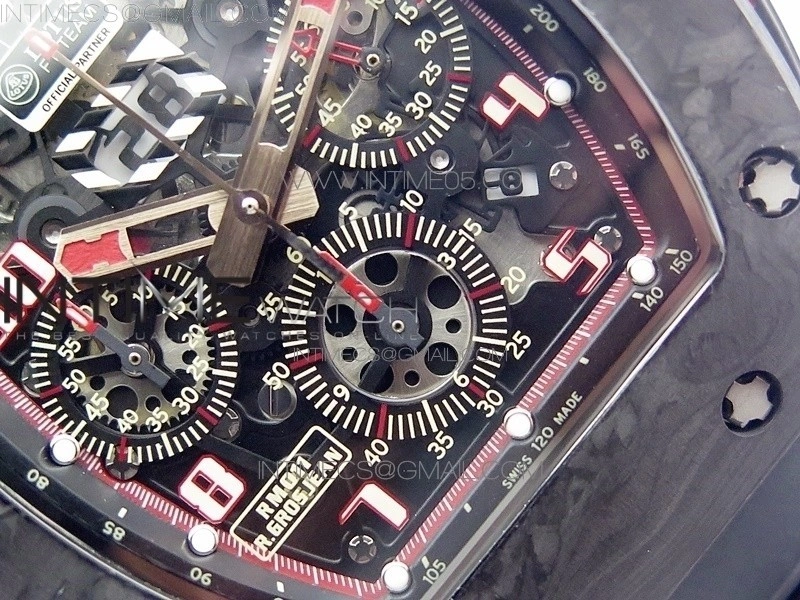 RM011 Carbon Case Carbon Bezel Chronograph KVF 1:1 Best Edition Skeleton Dial Red RG on Black Rubber Strap A7750