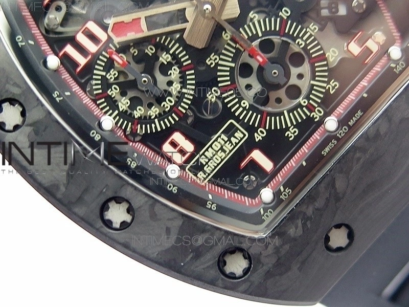 RM011 Carbon Case Carbon Bezel Chronograph KVF 1:1 Best Edition Skeleton Dial Red RG on Black Rubber Strap A7750