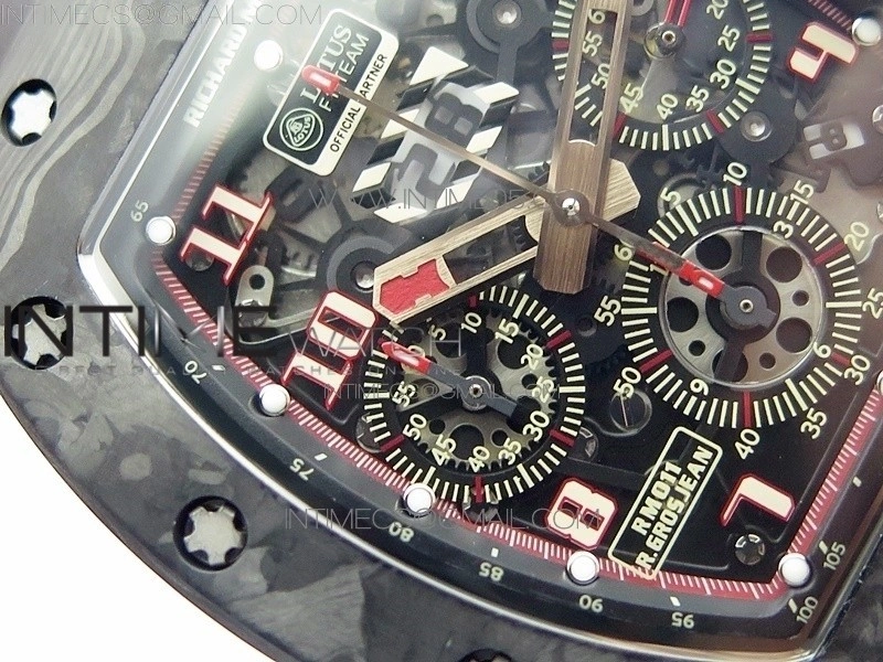 RM011 Carbon Case Carbon Bezel Chronograph KVF 1:1 Best Edition Skeleton Dial Red RG on Black Rubber Strap A7750