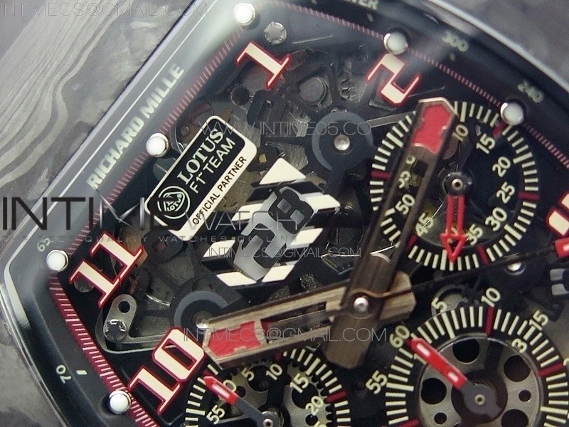 RM011 Carbon Case Carbon Bezel Chronograph KVF 1:1 Best Edition Skeleton Dial Red RG on Black Rubber Strap A7750