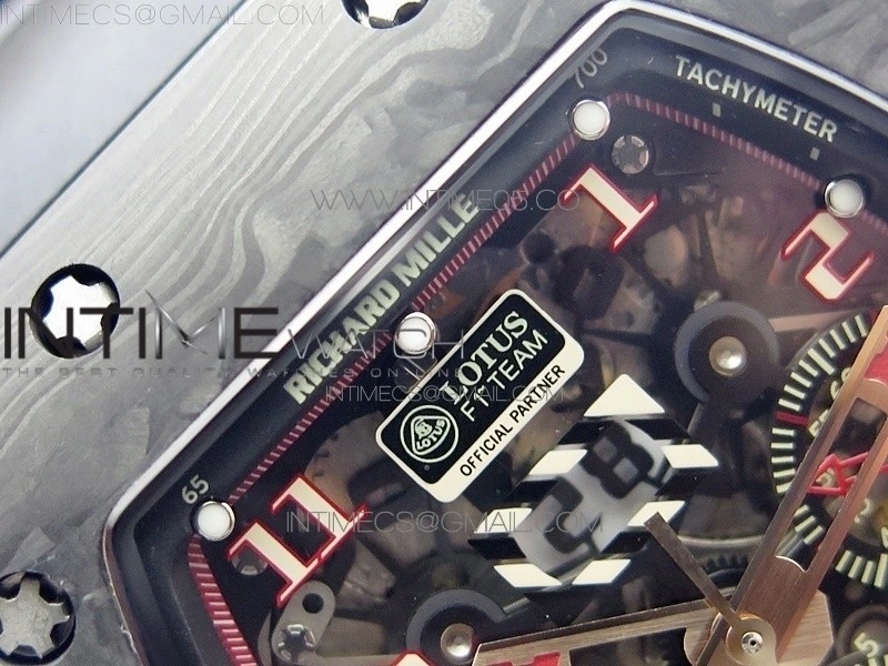 RM011 Carbon Case Carbon Bezel Chronograph KVF 1:1 Best Edition Skeleton Dial Red RG on Black Rubber Strap A7750