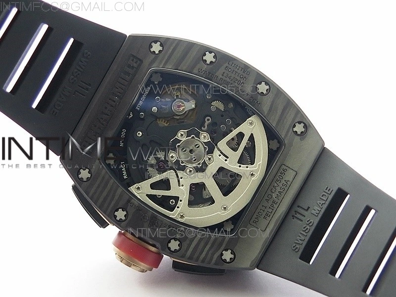 RM011 Carbon Case Carbon Bezel Chronograph KVF 1:1 Best Edition Skeleton Dial Red RG on Black Rubber Strap A7750
