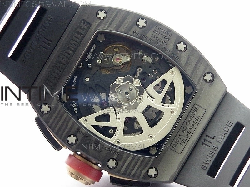 RM011 Carbon Case Carbon Bezel Chronograph KVF 1:1 Best Edition Skeleton Dial Red RG on Black Rubber Strap A7750