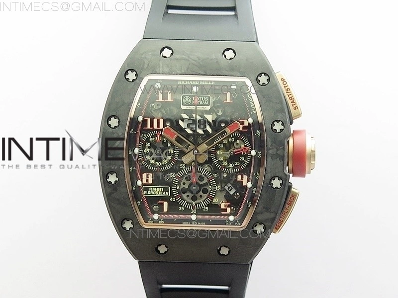 RM011 RG Case Carbon Bezel Chronograph KVF 1:1 Best Edition Skeleton Dial Red RG on Black Rubber Strap A7750