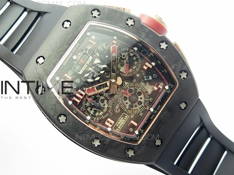RM011 RG Case Carbon Bezel Chronograph KVF 1:1 Best Edition Skeleton Dial Red RG on Black Rubber Strap A7750