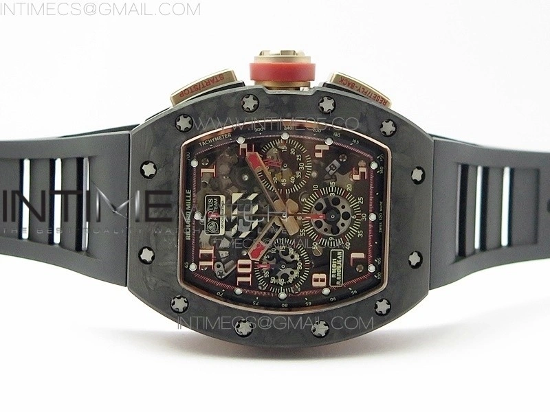 RM011 RG Case Carbon Bezel Chronograph KVF 1:1 Best Edition Skeleton Dial Red RG on Black Rubber Strap A7750