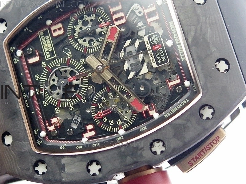RM011 RG Case Carbon Bezel Chronograph KVF 1:1 Best Edition Skeleton Dial Red RG on Black Rubber Strap A7750