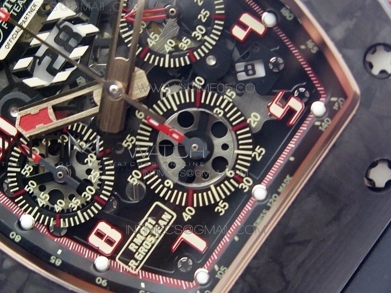 RM011 RG Case Carbon Bezel Chronograph KVF 1:1 Best Edition Skeleton Dial Red RG on Black Rubber Strap A7750