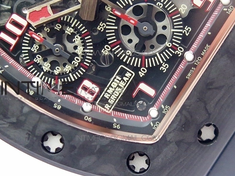 RM011 RG Case Carbon Bezel Chronograph KVF 1:1 Best Edition Skeleton Dial Red RG on Black Rubber Strap A7750