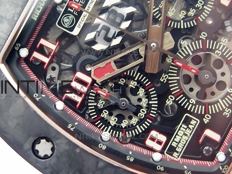RM011 RG Case Carbon Bezel Chronograph KVF 1:1 Best Edition Skeleton Dial Red RG on Black Rubber Strap A7750