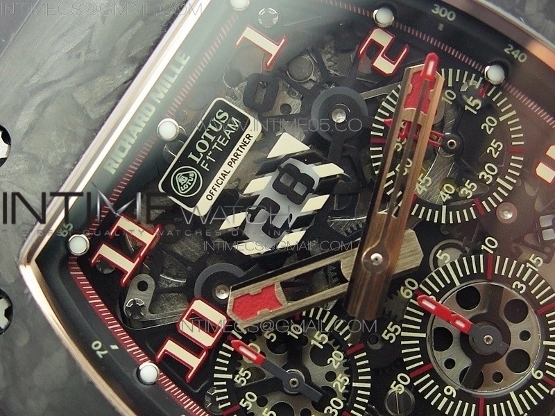 RM011 RG Case Carbon Bezel Chronograph KVF 1:1 Best Edition Skeleton Dial Red RG on Black Rubber Strap A7750
