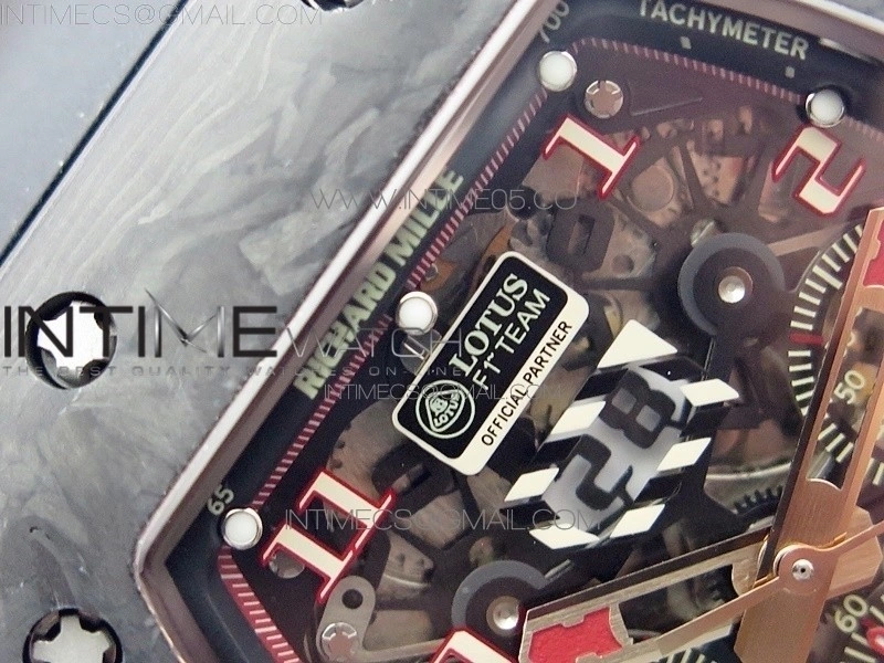RM011 RG Case Carbon Bezel Chronograph KVF 1:1 Best Edition Skeleton Dial Red RG on Black Rubber Strap A7750