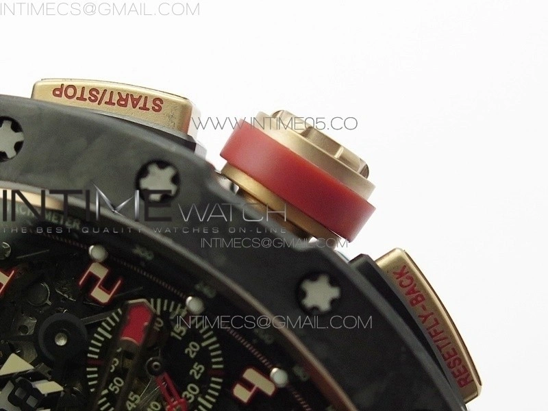 RM011 RG Case Carbon Bezel Chronograph KVF 1:1 Best Edition Skeleton Dial Red RG on Black Rubber Strap A7750
