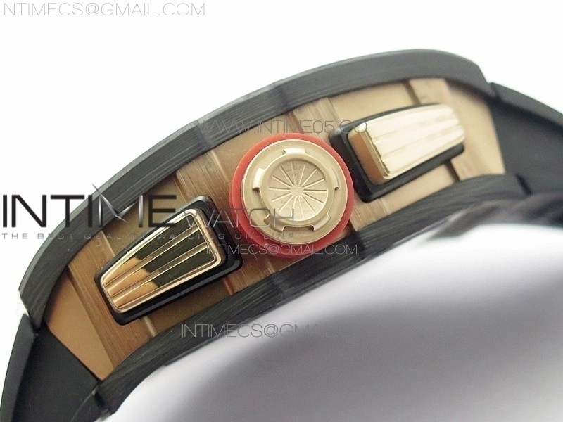 RM011 RG Case Carbon Bezel Chronograph KVF 1:1 Best Edition Skeleton Dial Red RG on Black Rubber Strap A7750