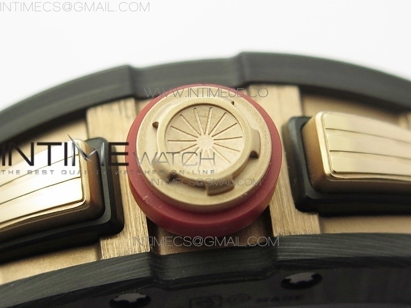 RM011 RG Case Carbon Bezel Chronograph KVF 1:1 Best Edition Skeleton Dial Red RG on Black Rubber Strap A7750
