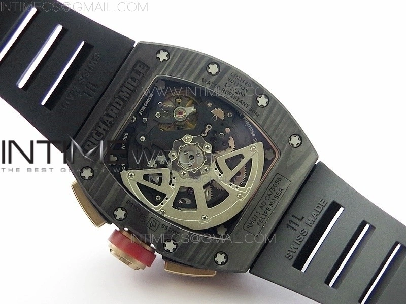 RM011 RG Case Carbon Bezel Chronograph KVF 1:1 Best Edition Skeleton Dial Red RG on Black Rubber Strap A7750