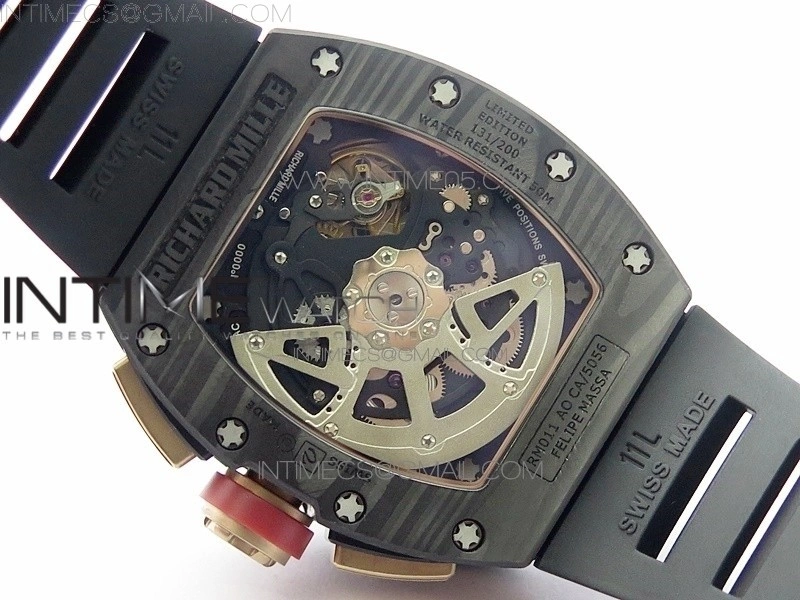 RM011 RG Case Carbon Bezel Chronograph KVF 1:1 Best Edition Skeleton Dial Red RG on Black Rubber Strap A7750
