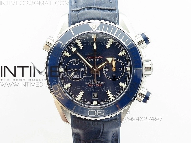 Planet Ocean Master Chronometer Chrono SS OM 1:1 Best Edition Black Dial on Blue Leather Strap A9900