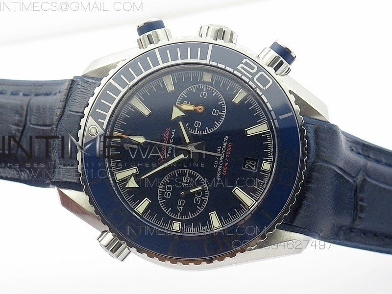 Planet Ocean Master Chronometer Chrono SS OM 1:1 Best Edition Black Dial on Blue Leather Strap A9900