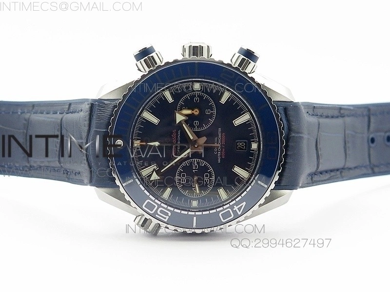 Planet Ocean Master Chronometer Chrono SS OM 1:1 Best Edition Black Dial on Blue Leather Strap A9900