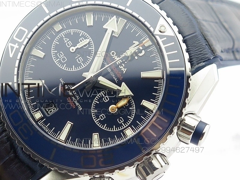 Planet Ocean Master Chronometer Chrono SS OM 1:1 Best Edition Black Dial on Blue Leather Strap A9900