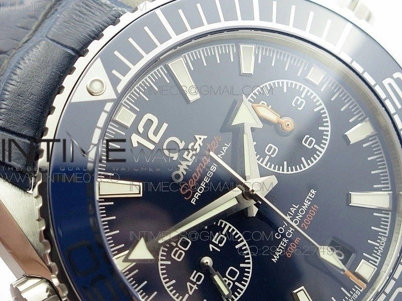 Planet Ocean Master Chronometer Chrono SS OM 1:1 Best Edition Black Dial on Blue Leather Strap A9900