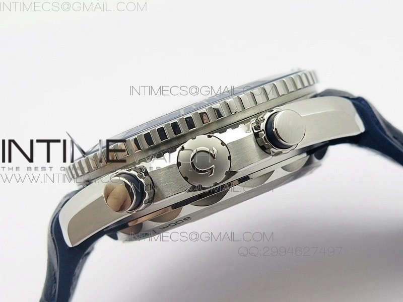 Planet Ocean Master Chronometer Chrono SS OM 1:1 Best Edition Black Dial on Blue Leather Strap A9900