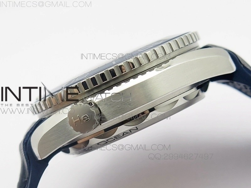 Planet Ocean Master Chronometer Chrono SS OM 1:1 Best Edition Black Dial on Blue Leather Strap A9900
