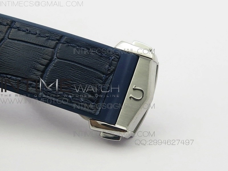 Planet Ocean Master Chronometer Chrono SS OM 1:1 Best Edition Black Dial on Blue Leather Strap A9900