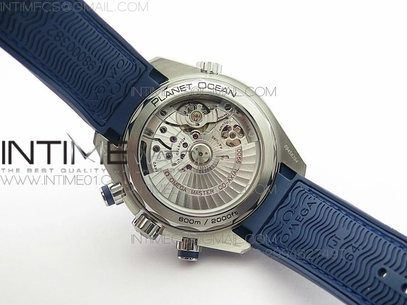 Planet Ocean Master Chronometer Chrono SS OM 1:1 Best Edition Black Dial on Blue Leather Strap A9900