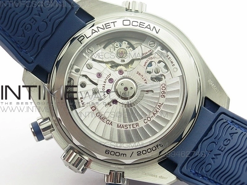 Planet Ocean Master Chronometer Chrono SS OM 1:1 Best Edition Black Dial on Blue Leather Strap A9900