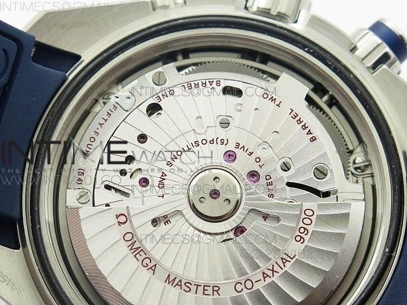 Planet Ocean Master Chronometer Chrono SS OM 1:1 Best Edition Black Dial on Blue Leather Strap A9900