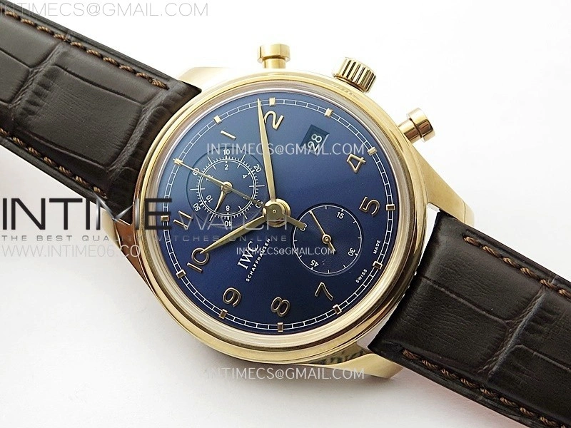 Portugieser Chrono Classic 42 IW3904 RG AZF 1:1 Best Edition Blue dial on Brown Leather Strap A7750