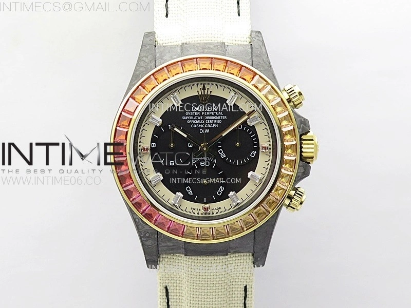Daytona DIW Black Carbon Case DIWF Edition Gray White Dial Rainbow T Diamonds Bezel on White Nylon Strap A4130