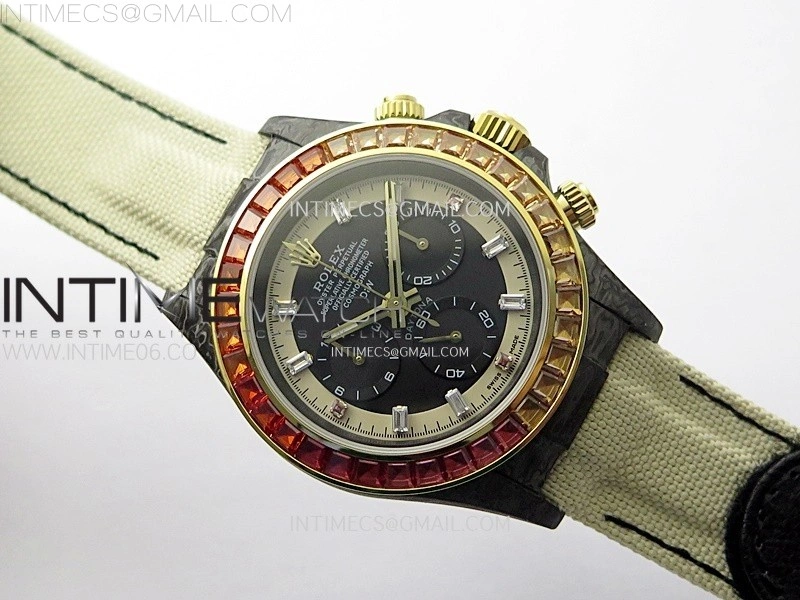 Daytona DIW Black Carbon Case DIWF Edition Gray White Dial Rainbow T Diamonds Bezel on White Nylon Strap A4130