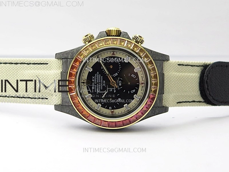 Daytona DIW Black Carbon Case DIWF Edition Gray White Dial Rainbow T Diamonds Bezel on White Nylon Strap A4130