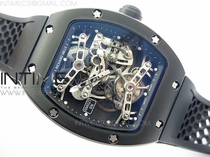 RM027 Titanium DLC Real Tourbillon EURF Best Edition Skeleton Skull Dial on Black Rubber Strap