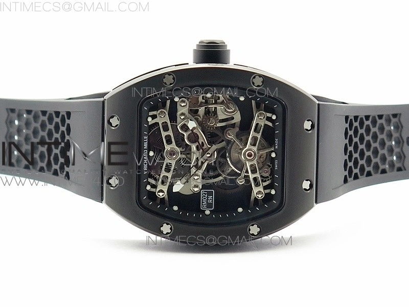 RM027 Titanium DLC Real Tourbillon EURF Best Edition Skeleton Skull Dial on Black Rubber Strap