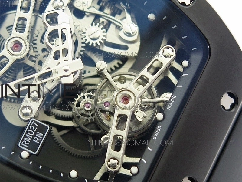RM027 Titanium DLC Real Tourbillon EURF Best Edition Skeleton Skull Dial on Black Rubber Strap