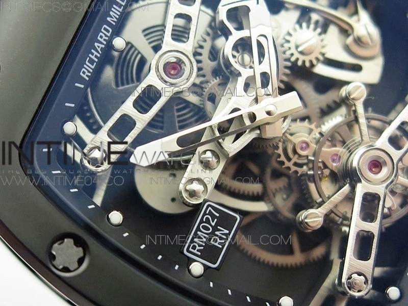 RM027 Titanium DLC Real Tourbillon EURF Best Edition Skeleton Skull Dial on Black Rubber Strap