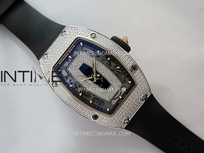 RM07 Paved Snowflake Cut Diamonds SS ZF Best Edition Black MOP Diamond Skeleton Dial On Black Rubber Strap Asian CRMA2 Clone