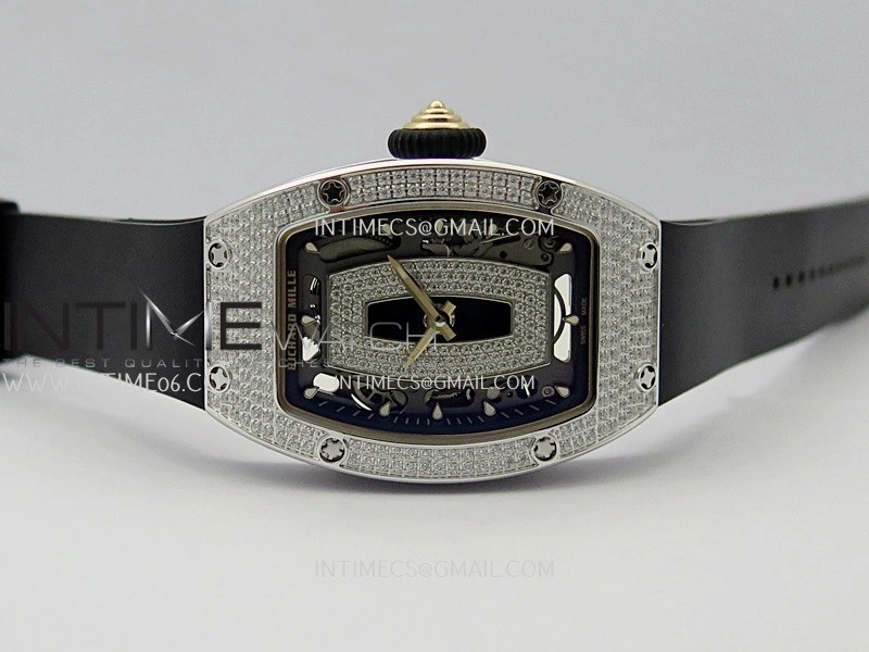RM07 Paved Snowflake Cut Diamonds SS ZF Best Edition Black MOP Diamond Skeleton Dial On Black Rubber Strap Asian CRMA2 Clone