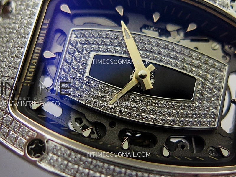 RM07 Paved Snowflake Cut Diamonds SS ZF Best Edition Black MOP Diamond Skeleton Dial On Black Rubber Strap Asian CRMA2 Clone