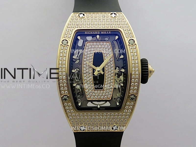 RM07 Paved Snowflake Cut Diamonds RG ZF Best Edition Black MOP Diamond Skeleton Dial On Black Rubber Strap Asian CRMA2 Clone