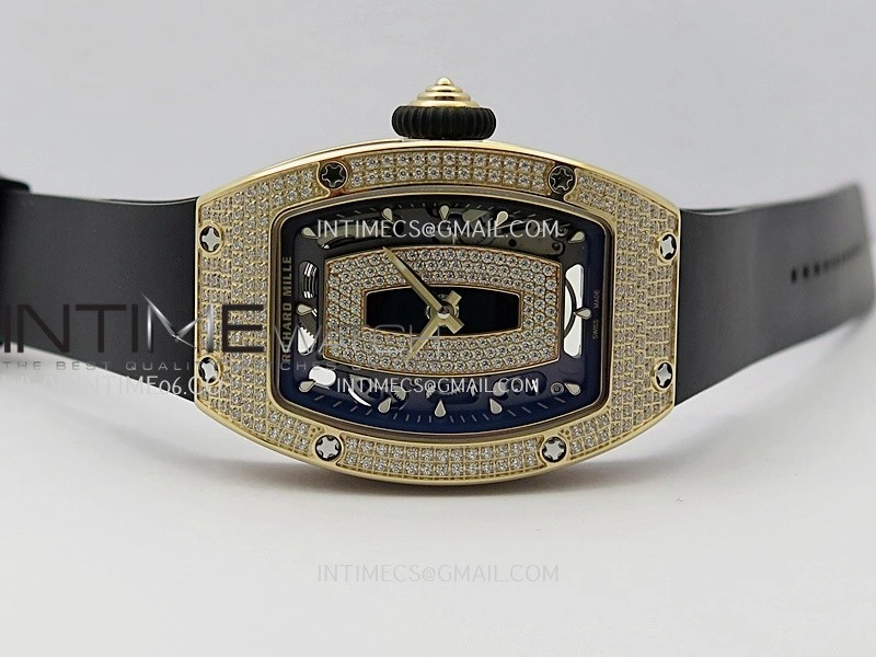 RM07 Paved Snowflake Cut Diamonds RG ZF Best Edition Black MOP Diamond Skeleton Dial On Black Rubber Strap Asian CRMA2 Clone