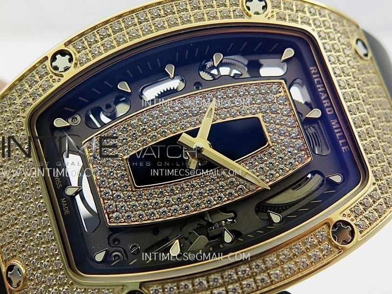 RM07 Paved Snowflake Cut Diamonds RG ZF Best Edition Black MOP Diamond Skeleton Dial On Black Rubber Strap Asian CRMA2 Clone