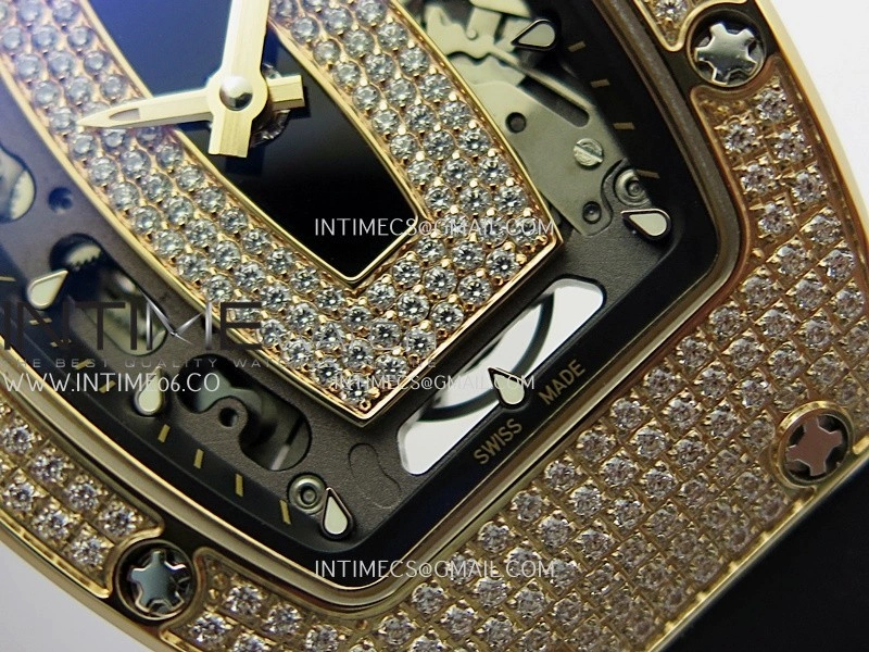 RM07 Paved Snowflake Cut Diamonds RG ZF Best Edition Black MOP Diamond Skeleton Dial On Black Rubber Strap Asian CRMA2 Clone