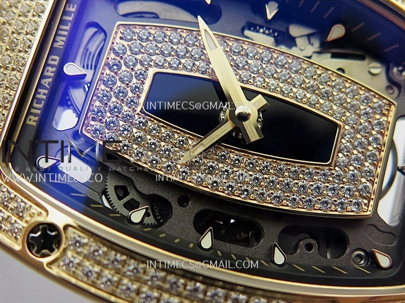 RM07 Paved Snowflake Cut Diamonds RG ZF Best Edition Black MOP Diamond Skeleton Dial On Black Rubber Strap Asian CRMA2 Clone